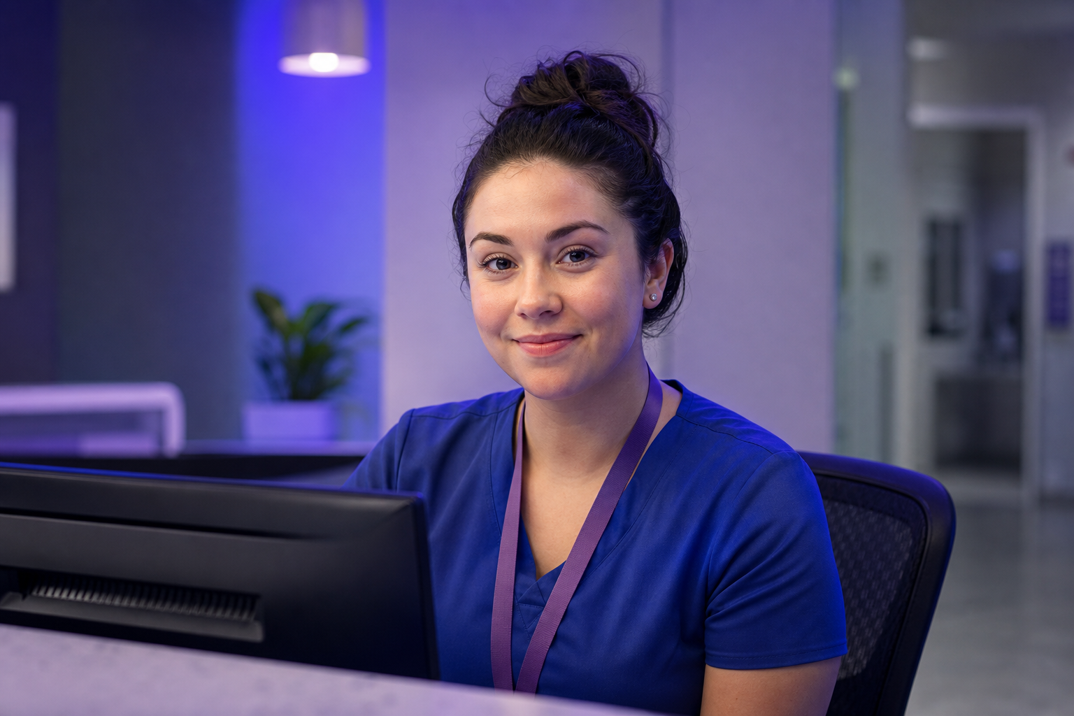 Healthcare Service Desk Worker with Purple Blue Glow